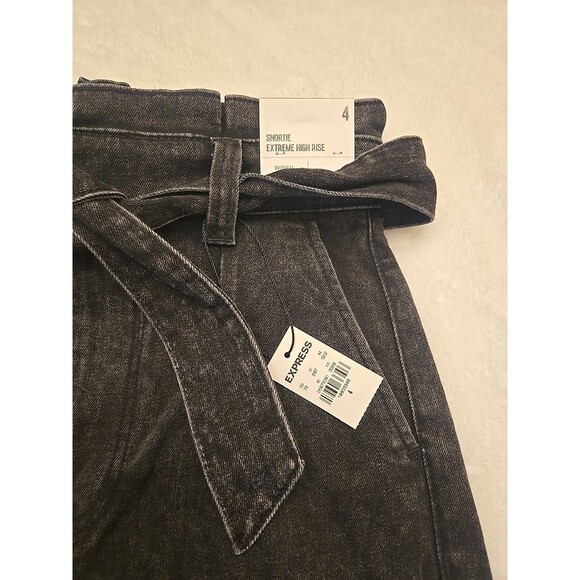 Express Shortie Extreme High Rise Womens Shorts Sz 4 Black Belted Waist Stretch - Picture 2 of 13